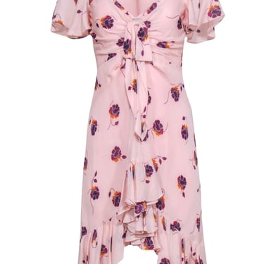 Cinq a Sept - Blush Pink w/ Plum Floral Print Ruffle Trim Dress Sz 2