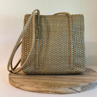 90s Nine West Tan Vegan Leather Weaved Woven Square Double Strap Shoulder Bag 