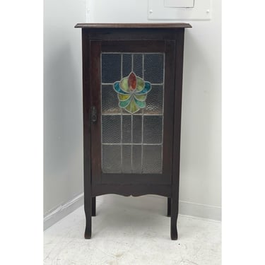 Free Shipping Within Continental US - Antique English Walnut Storage Cabinet with Stained Glass. Circa 1890s. UK Import 