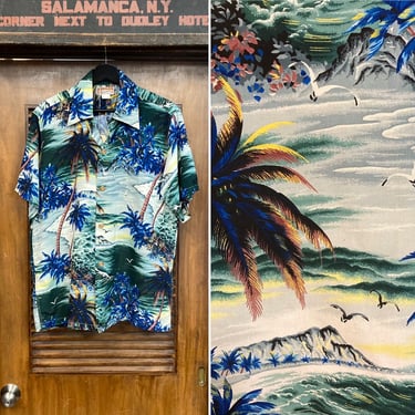 Vintage 1950’s -Deadstock- Tropical Palm Tree Island Tiki Crepe Hawaiian Shirt, 50’s Vintage Clothing 