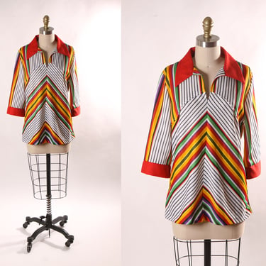 1970s White and Multi-Colored Rainbow Stripe Serape Look 3/4 Length Sleeve Pullover Blouse -L 