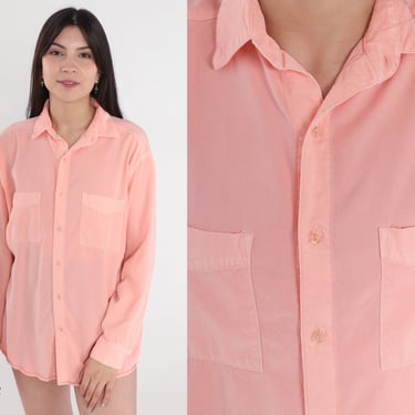 Peach Pink Oxford Shirt 90s Button Up Shirt Tencel Rayon Shirt Long Sleeve Plain Oversized 1990s Vintage Men's Medium 