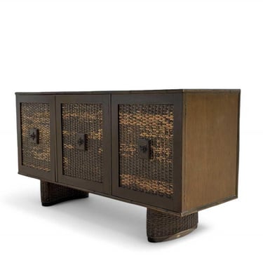 Unique Vintage Buffet, Mid-Century Modern Rattan & Bamboo Credenza – 1960s Wood Woven Sideboard, Boho Storage Console 