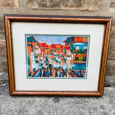 Mid Century 1960s Lewis Suzuki Colorful Chinatown Watercolor Print & Signed by LeChalet