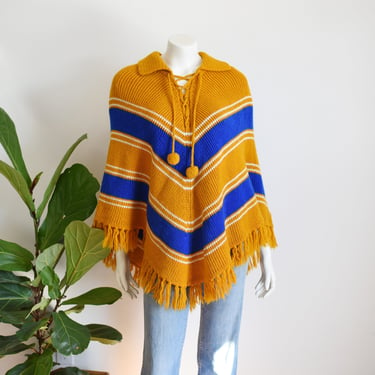 70s Yellow and Blue Knit Cape - S/M/L 