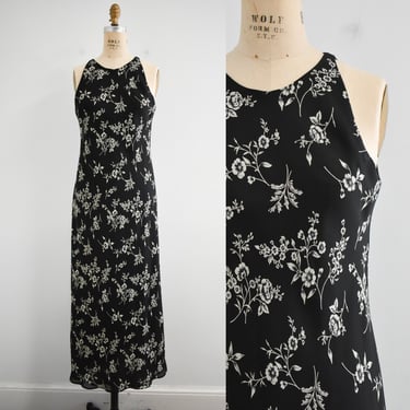 1990s Black Floral Bias Cut Maxi Dress 