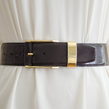 wide brown leather belt | 90s plus size vintage patent leather statement waist belt 