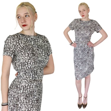 Vintage 50s Graphic Print Dress Black White MCM Pattern Large 