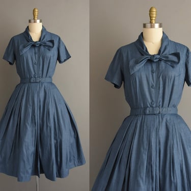 vintage 1950s dress | Blue Cotton Shirtwaist Dress | Medium | 