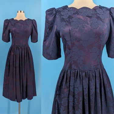 Vintage 80s XS Purple Brocade Scallop Trim Half Sleeve Fit and Flare Dress with Bows 