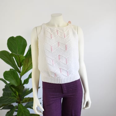 80s White and Pink Knit Tank - S 