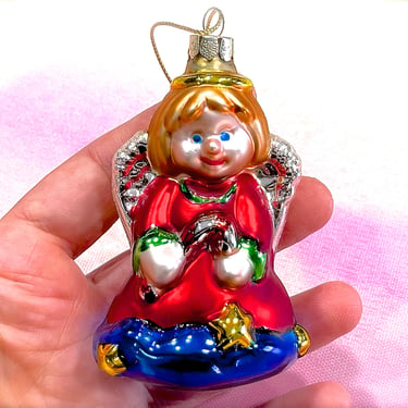VINTAGE: Glass Christmas Angel Ornament - Present Ornament - Mercury Ornament - Holiday - Xmas 