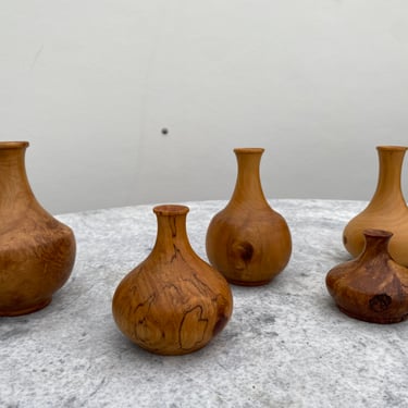 Set of Five Vintage Turned Wood Vases