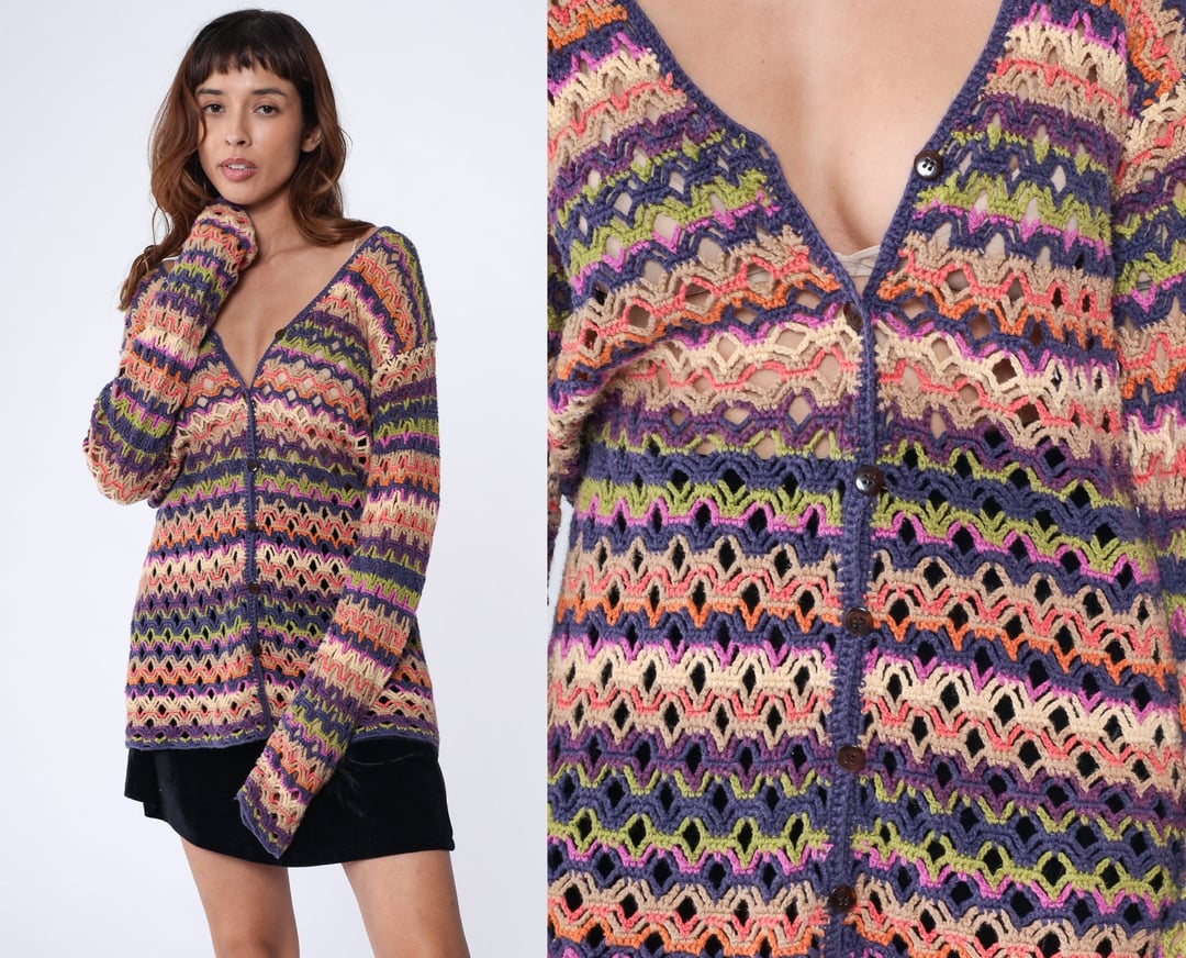 カーディガン IONSEOUL Bohemian see-through knit JE315 Womens Boho Cardigan Sweater Maxi Long Colorful Fringed