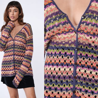 Striped Crochet Cardigan 90s Sheer Knit Sweater Boho Hippie Festival Bohemian Long Sleeve Open Weave Rainbow Vintage 1990s Medium Large L 