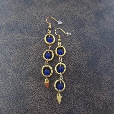 Long blue frosted glass and gold earrings, geometric earrings 