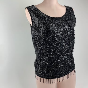 1960'S Sequined & Beaded Shell - Satin Lined Wool Shell in Black - Sleeveless Fitted Bodice - Back Zipper - Women's Size SMALL to Medium 