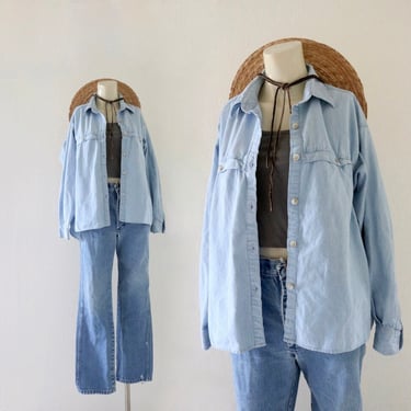 chambray button top - m - womens vintage 90s y2k blue jean denim size medium spring summer shacket jacket cotton 