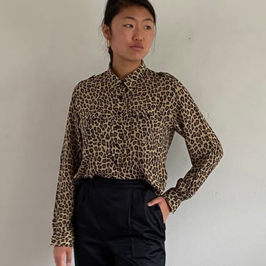 90s silk cheetah blouse  / vintage silk animal print cheetah cropped epaulettes pocket shirt blouse | M 