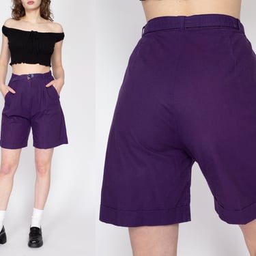 Medium 80s Purple Belted High Waisted Casual Shorts 30" | Vintage Pleated Mom Shorts 