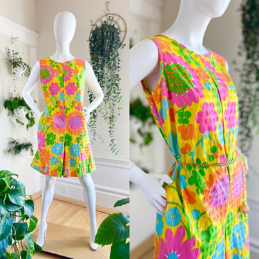 Vintage 1960s Romper | 60s Floral Cotton Psychedelic Flower Power Hawaiian Summer Shorts Playsuit () 