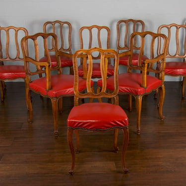 Vintage Country French Louis XV Provincial Walnut Dining Chairs W/ Red Vinyl - Set of 10 