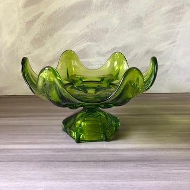 Vintage Viking Epic Glass Column Ribbed Compote, Green Glass Compote, Footed Bowl 