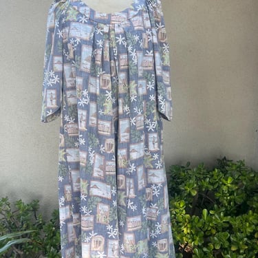 Vintage Hilo Hattie Hawaiian muumuu dress scenery theme Sz L pockets. 
