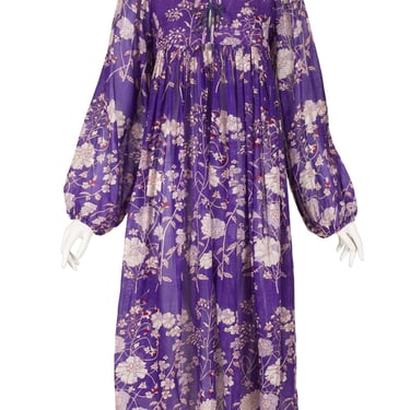 Adini 1970s Vintage  Purple Floral Indian Cotton Balloon Sleeve Dress 