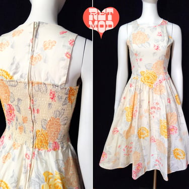 Unique Vintage 70s 80s Pastel Yellow Orange Floral Fit and Flare Cotton Sun Dress 