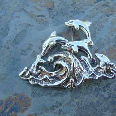 D'Molina ~ Vintage Mexican Sterling Silver Pod of Dolphins Playing in the Surf Pin / Brooch 