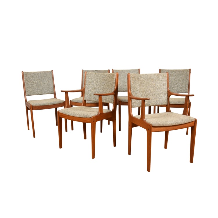 Set of 6 Teak Upholstered  (2 Arm + 4 Side) Tall-Back Dining Chairs