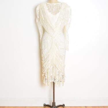 vintage 80s dress cream lace draped flapper party prom cocktail dress M clothing 