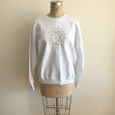 Oversized White Doily Appliqué Sweatshirt/Sweater - 1980s 