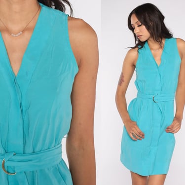 Blue Shift Dress Button Up Dress Y2K Mini ShirtDress Secretary Dress V Neck Bright Plain Sleeveless 00s Vintage Belted Extra Small xs 2 
