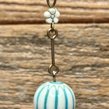 Vintage Ceramic Earrings Blue And White Dangle Ball Orb Retro Fashion Jewelry 