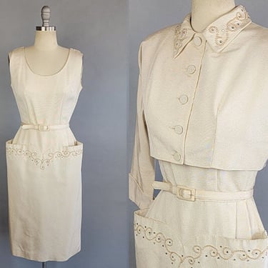 1950s Dress / 1950s Cream Silk Faille Dress with Matching Jacket / 1950s Beaded Dress / Elopement Dress / Casual wedding Dress /Size Small 