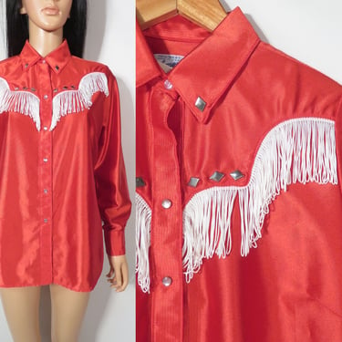Vintage 60s/70s Red Satin Rockmount Ranch Wear Pearl Snap Fringe Studded Womens Western Made In USA Size L 