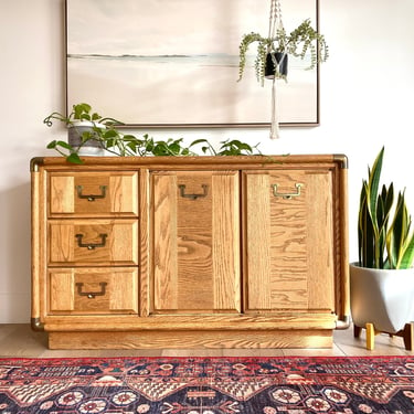 Gorgeous Mid Century Oak Buffet/Credenza/Sideboard with Gold Accents & Hardware 