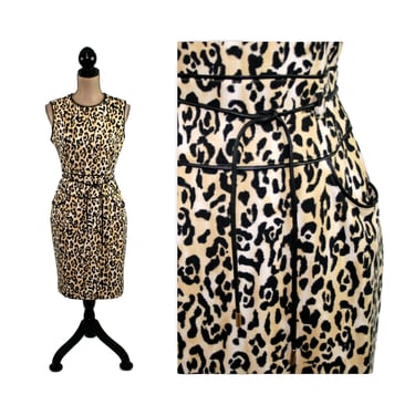 Y2K Leopard Print Dress Small, Fitted Midi Sleeveless Jersey Knit, Sheath Dress with Pockets, 2000s Clothes for Women, CALVIN KLEIN Size 4 