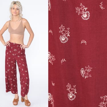 Red Floral Pants 90s Wide Leg Pants High Elastic Waist Boho Hippie Flowy Relaxed Cropped Ankle Pants All That Jazz Vintage 1990s Small S 