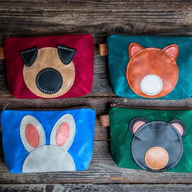 Leather Applique | Handmade Waxed Canvas Zipper Pouch | Cuddly Creatures | Made in USA | Animal friends 