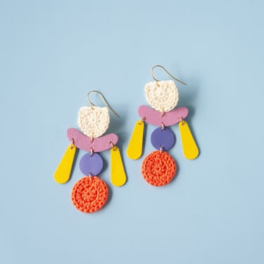 Traveller Earrings in Purple / Yellow / Orange - Mountain Fable Collab Earrings - Crocheted Cotton + Reclaimed Leather 