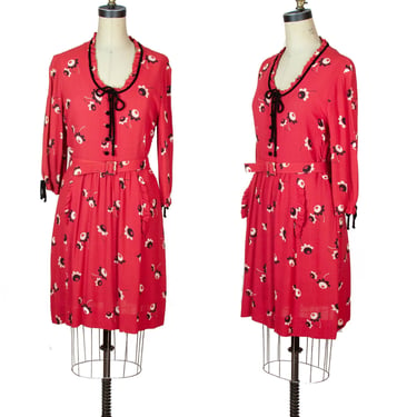 1940s Dress ~ Black and Red Floral Rayon Dress 