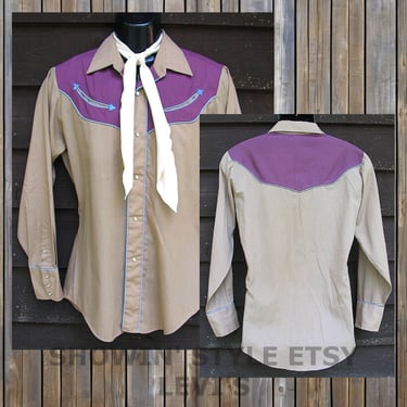 Levi's Vintage Western Men's Traditional Cowboy Shirt, Rodeo Shirt, Beige with Purple Yokes, Long Sleeves, Approx. Medium (see meas. photo) 