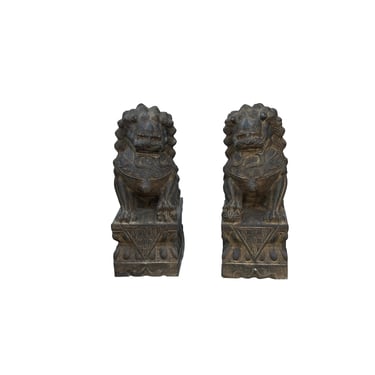 15" Pair Chinese Rustic Stone Fengshui Foo Dogs Lions Statue ws3625CE 