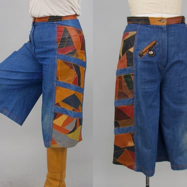 Vintage 1970s Patchwork Leather & Denim Culottes, Vintage Western, 70s Denim Leather Patchwork, Bohemian Hippie,  29" Waist by Mo
