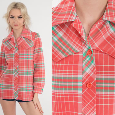 Plaid Western Top 70s Salmon Pink Checkered Long Sleeve Button Up Collared Blouse Retro Rodeo Cowboy Shirt Vintage 1970s Cowgirl Small S 