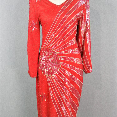 1970-80s - Sunburst - Red/Pink Iridescent Sequins - Cocktail Dress - by Jewel Queen - Estimated size M 8/10 
