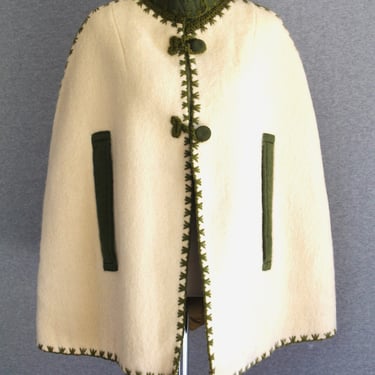 1960's - Wool - Cape - Poncho - Olive Green - Folk - by Babouri - Lined 